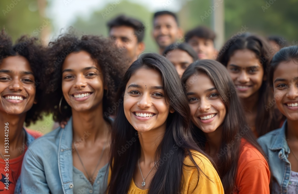 Group of happy Indian people smiling, looking at camera. Friends, youth, diverse ages, various ethnicities, outdoor. Positive emotions, friendship, team. Ideal for unity, togetherness, happiness. Group of happy Indian people smiling, looking at camera. Friends, youth, diverse ages, various ethnicities, outdoor. Positive emotions, friendship, team. Ideal for unity, togetherness, happiness.