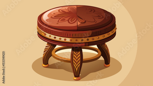 This round vanity stool with a rich brown leather seat and sturdy wooden legs brings timeless charm. Its classic design adds elegance and perfectly complements decor in any refined space.