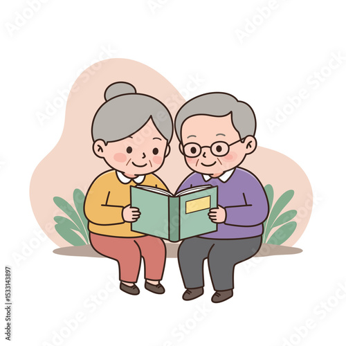 Senior couple reading together while sitting on a bench with plants  