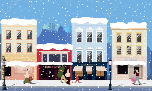 Minimalist vector illustration of a winter street scene featuring small-town buildings, snow, and urban life. Great for use in seasonal marketing materials, mobile app backgrounds, winter promotions.