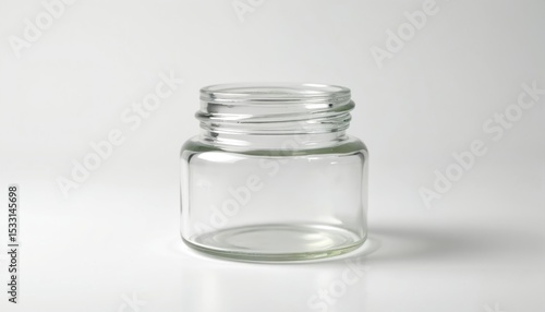 Clear glass jar with lid isolated on white background. Empty small container perfect for food storage. Ideal for cafes, eateries and kitchen product advertisement.