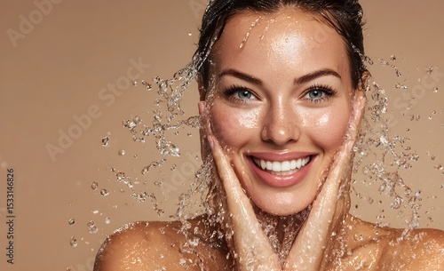 Beautiful model woman with water splashes fresh skin beauty concept.Woman, washing face or water drops skincare 