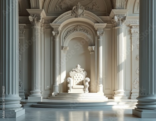 Majestic empty throne hall. White throne in elegant palace interior. Classical architecture  ornate details  marble columns. Luxury design  baroque elements  historical decor. Ideal for royalty 