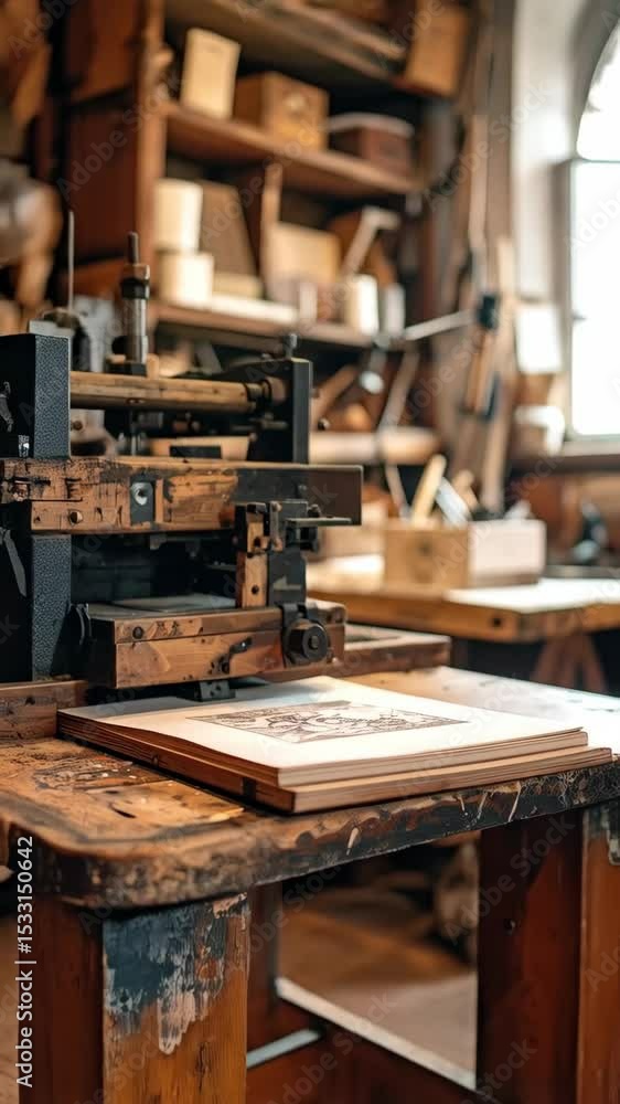 Antique printing press with a book on wooden workbench in vintage workshop, traditional printing process and equipment, historic machinery Antique printing press with a book on wooden workbench in vintage workshop, traditional printing process and equipment, historic machinery