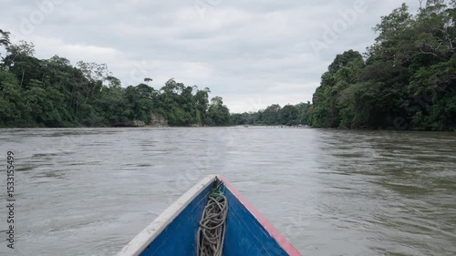 Navigating pristine Misahualli River waters, surrounded by dense Amazon rainforest greenery, revealing Ecuador's vibrant tropical ecosystem and natural wilderness landscape