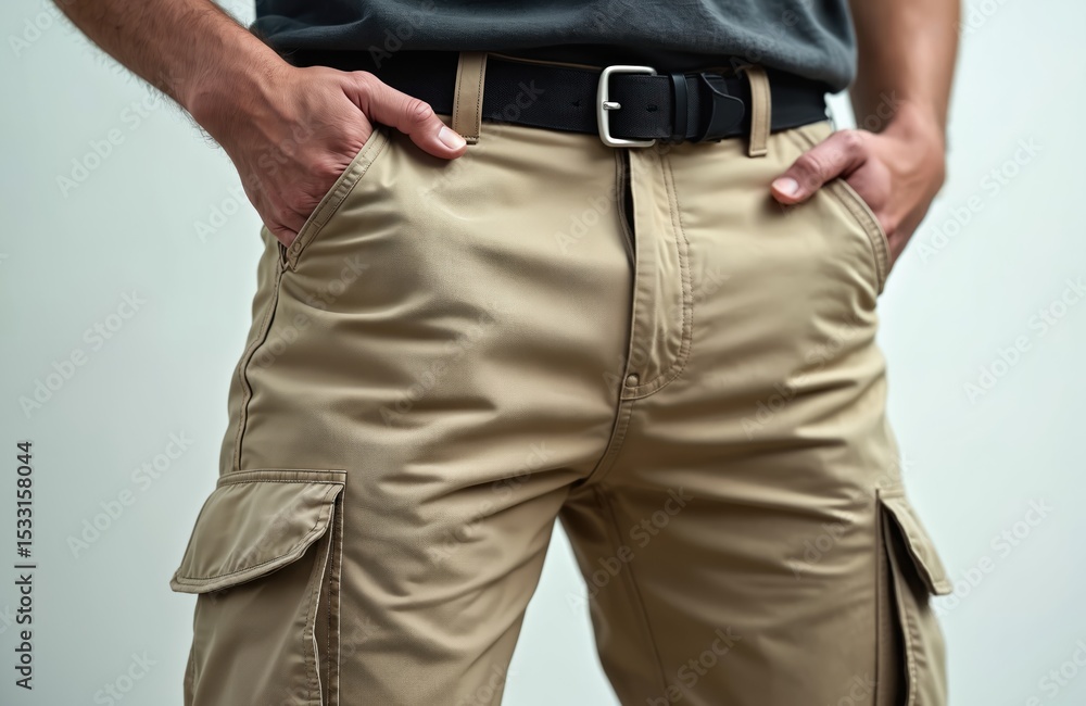 Obraz premium Beige cargo pants with black belt, multiple pockets. Classic khaki trousers with modern design. Casual fashion apparel for men. Workwear utility style, hard-wearing comfort, trendy outfit.