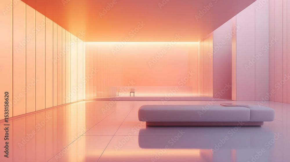 Minimalist peach-hued room with a low platform bench, chair, and subtle lighting; reflective floor Minimalist peach-hued room with a low platform bench, chair, and subtle lighting; reflective floor