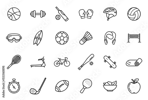 Sports equipment icons in minimalist style on white background  