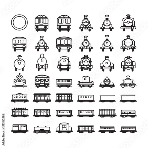 Large collection of black and white train icons