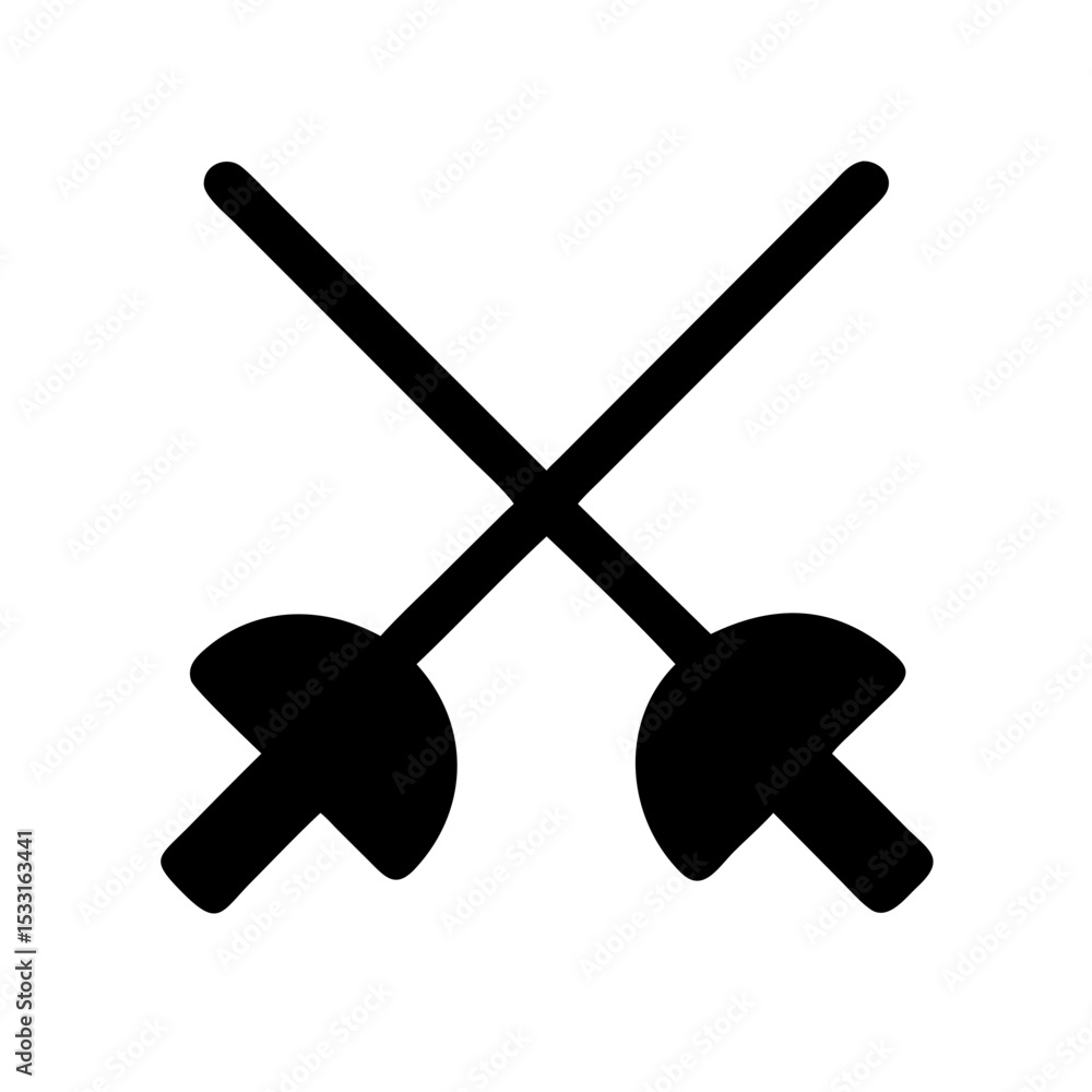 Crossed Fencing Foils Solid Icon:
Solid black icon of two crossed fencing foils, representing fencing, competition, and the elegance of sword sports. Crossed Fencing Foils Solid Icon:
Solid black icon of two crossed fencing foils, representing fencing, competition, and the elegance of sword sports.