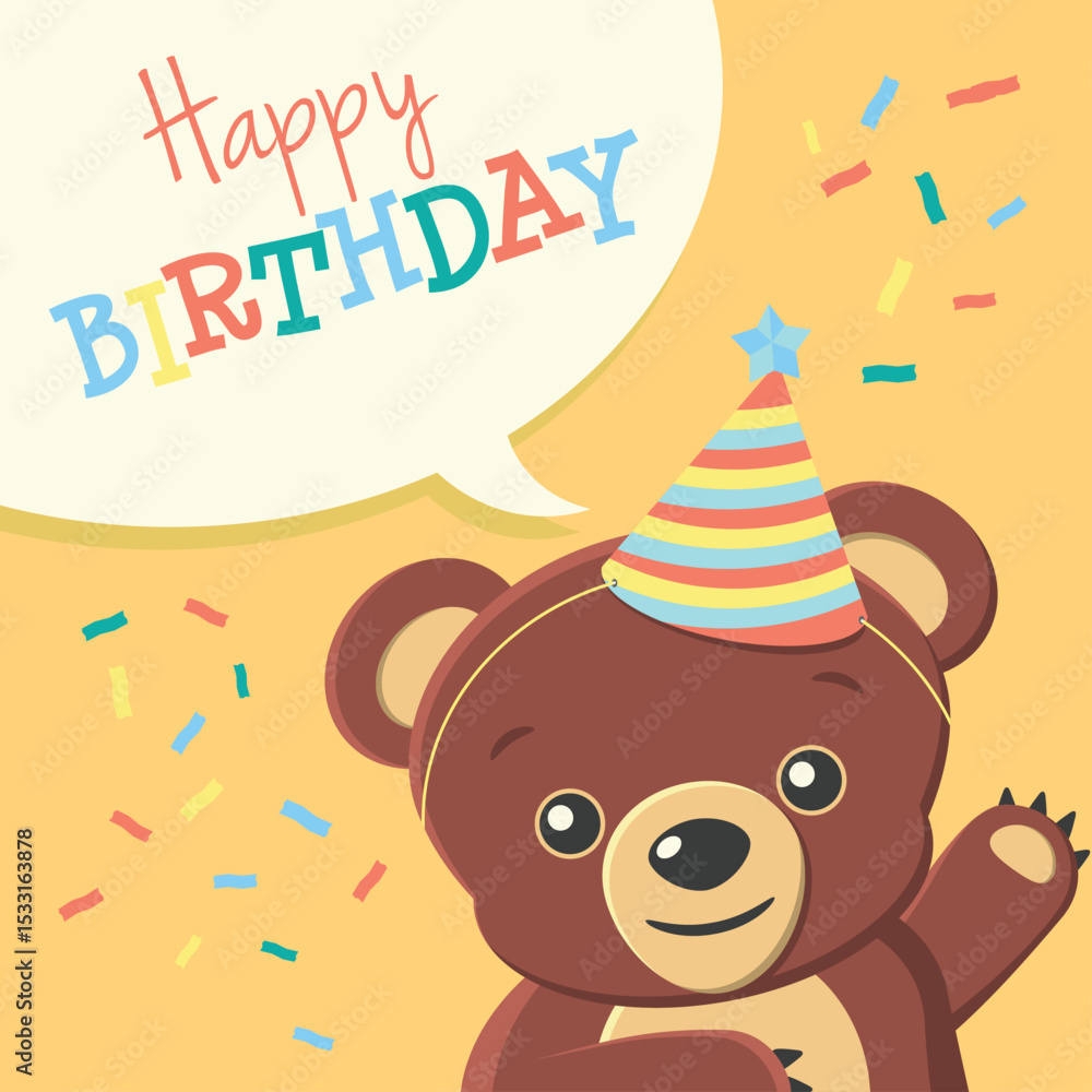 Naklejka premium Cute greeting bear wearing a birthday hat, confetti floating around, bitrthday card -vector eps8