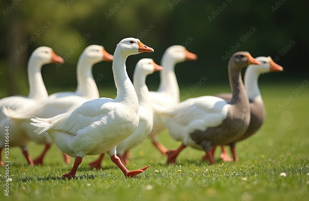 Domestic geese walk in village, free range concept. White feathered birds with orange beaks and legs graze grass. Rural nature landscape scene, agriculture, poultry farming. Domestic geese walk in village, free range concept. White feathered birds with orange beaks and legs graze grass. Rural nature landscape scene, agriculture, poultry farming.