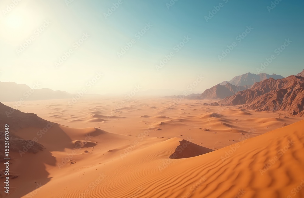 Fototapeta premium Vast desert landscape under clear blue sky. Sand dunes stretch towards horizon. Mountains in the distance. Peaceful, serene scene ideal for travel content. Nature environment.