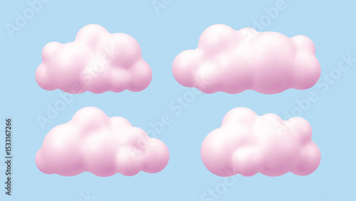 Set of four fluffy pink cloud shapes rendered in 3d vector style. Abstract element collection for cute cartoon graphics. 