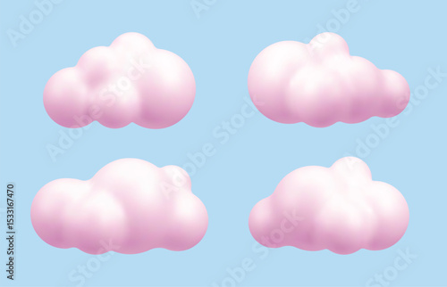 Four fluffy pink 3d cloud vector renders against a light blue background. Realistic illustration for playful design concept. Vector graphics.