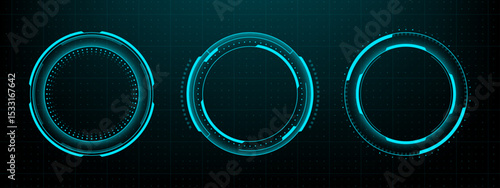 Set of three futuristic hud circles. Head up display vector graphics. Data interface elements for game ui.