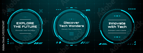 Three cyber futuristic infographic circles with text. HUD vector graphics. Digital technology for business presentation design.
