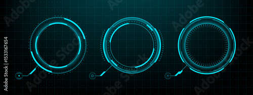 Three futuristic head up display vector graphic elements. High tech digital interface concept for cyber security and user experience.
