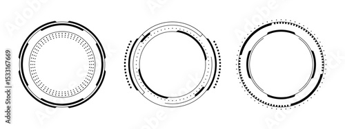 Set of three hud vector graphic circle frames. Futuristic technology element for data display and target concept. User interface design.