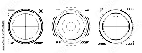 Set of black and white heads up display elements. Futuristic aim and target interface design for gaming or technology concept.