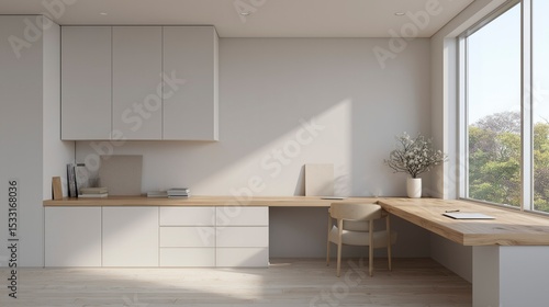 Minimalist wooden desk with white furniture in natural light, a serene and organized workspace.