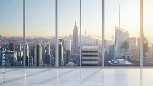 Modern high-rise skyline seen through a large window. Empty white-walled interior, ideal for design mockups, real estate marketing, or urban lifestyle concepts