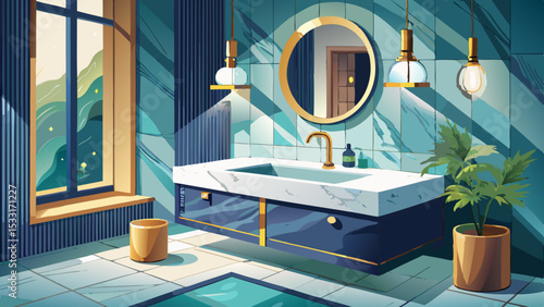 A marble bathroom vanity with a floating design, sleek brass fixtures, and a backlit mirror in a minimalist luxury home