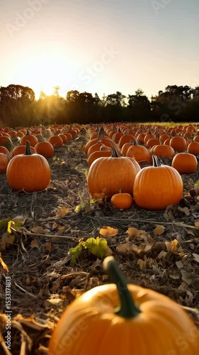 Abundant orange pumpkins ripening in a field, illuminated by golden light from the setting sun in the autumn season at harvest time.