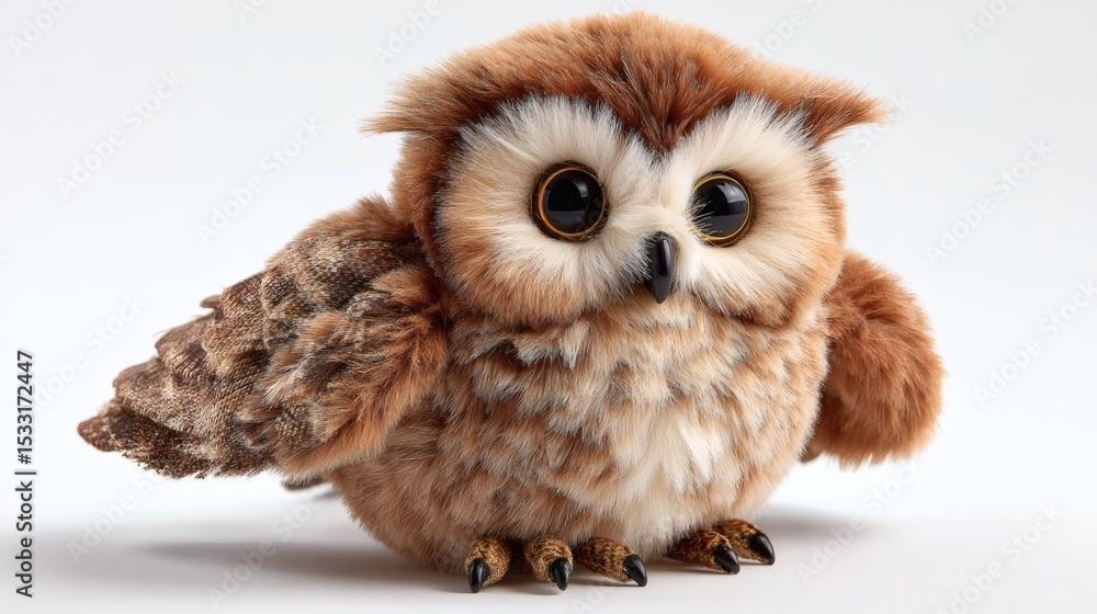 Obraz premium A fluffy, brown, and white owl with big, round eyes perches against a plain, bright background, showcasing its feathery texture and adorable gaze.