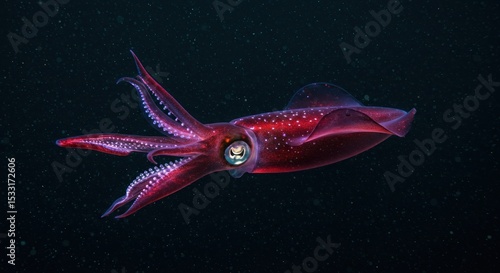 Red squid in dark ocean