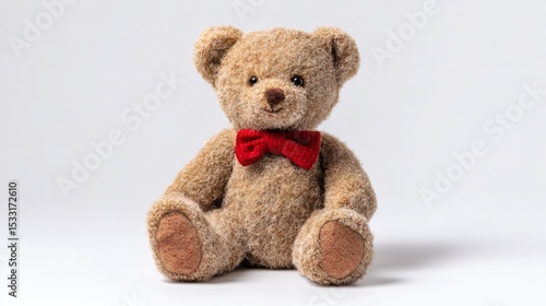 Cuddly teddy bear with a red bow tie sitting on a white background, symbolizing childhood comfort, friendship, and gift-giving occasions.