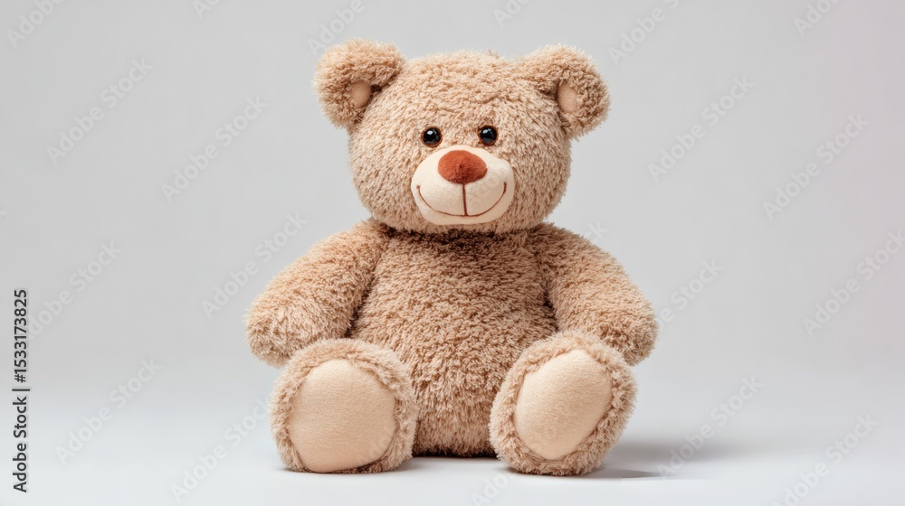 A plush, light brown toy bear sits upright against a plain, light grey background, exuding softness and a comforting presence. A plush, light brown toy bear sits upright against a plain, light grey background, exuding softness and a comforting presence.