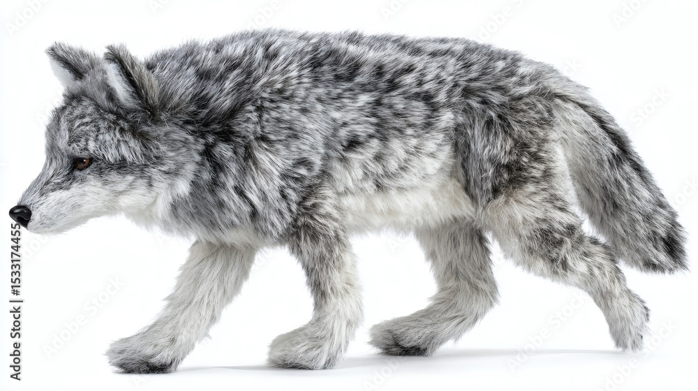 Obraz premium A gray furry stuffed animal is walking on a white surface. The stuffed animal has a gray coat and a brown eye. The animal looks peaceful.