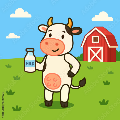 Cute cartoon cow holding a bottle of milk on a green farm field with a red barn in the background. Adorable dairy animal illustration for kids, farming, milk products, and education.