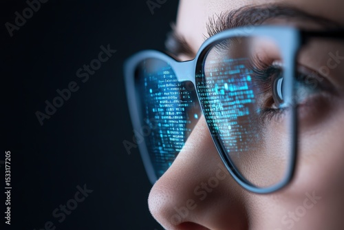 Close-up of a person's face wearing glasses reflecting blue computer code, symbolizing technology and programming focus.
