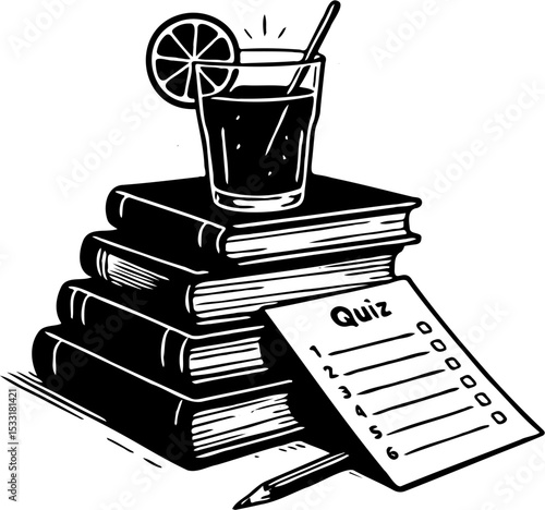 vector illustration of drink and stack of books, isolated on white