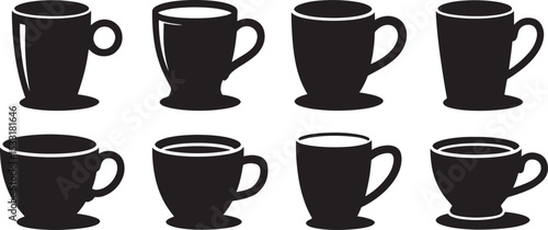 A collection of eight stylish black coffee and tea cups in various shapes