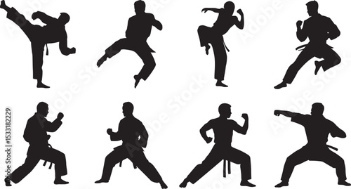 Black silhouettes of martial arts athletes demonstrating different karate techniques