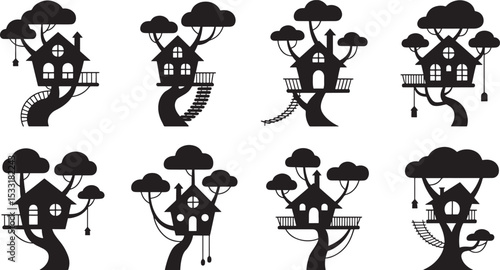 Black silhouettes of whimsical treehouses with ladders bridges and cloud foliage illustrations