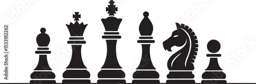 Chess pieces silhouettes displayed in black and white on a clean white background