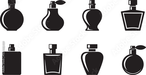 Collection of eight elegant perfume bottles in silhouettes representing various fragrance designs