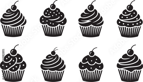 Delicious and decorative black and white cupcake illustration with cherry topping variety