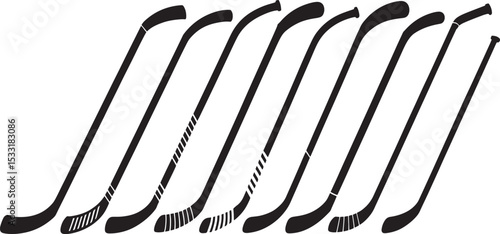 Diverse collection of hockey stick silhouettes in black and white against white background