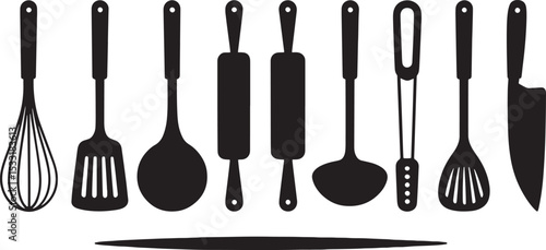 Kitchen utensils silhouette vector collection featuring whisk spatula rolling pin ladle and knife