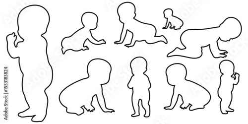 Diverse Group of Children Playing and Crawling in Black Silhouette Style on White Background silhouette This image showcases
