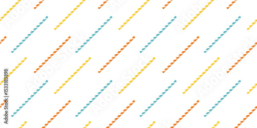 Seamless colourful pattern with striped straws in orange, yellow, and blue. Cartoon style vector background. 