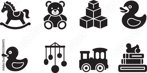 Vector icons of cute baby toys in simple black and white silhouettes
