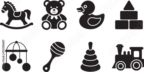 Vector illustration of baby toys collection including rocking horse teddy bear duck and train