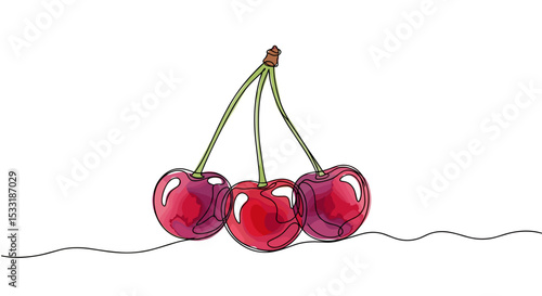 Cerises – dessin doodle en une ligne avec remplissage aquarelle, illustration vectorielle minimaliste sur fond blanc