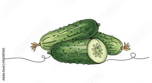 Fresh Cucumbers one line drawing with watercolor fill, minimalistic vector illustration on white background